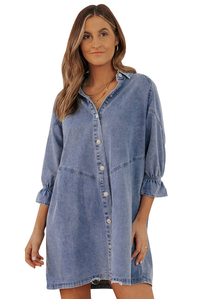 Sky Blue Buttoned Long Sleeve Denim Mini Dress-Dresses-MomFashion