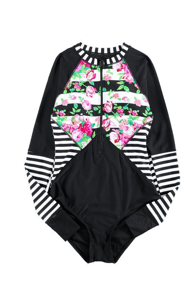 Floral Striped Patchwork Rashguard One-piece Swimsuit-Swimwear-MomFashion