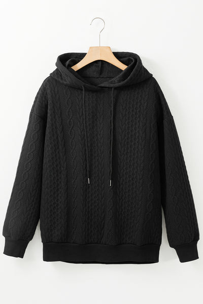 Black Cable Textured Casual Drawstring Hoodie-Tops-MomFashion