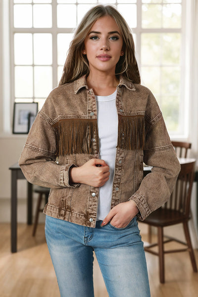 Brown Rhinestone Fringed Cowgirl Fashion Denim Jacket-Outerwear-MomFashion