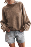 Brown Drop Shoulder Crew Neck Pullover Sweatshirt-Tops-MomFashion