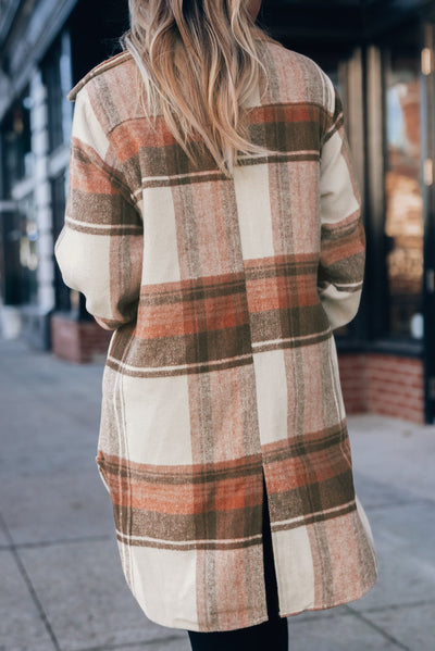 Brown Plaid Print Flap Pockets Long Shacket-Outerwear-MomFashion