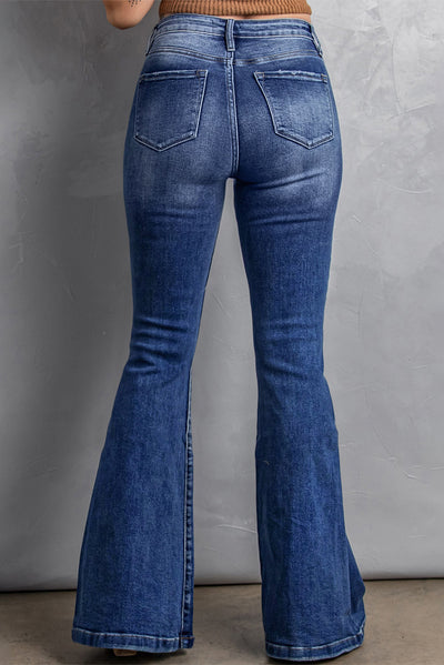 Dark Blue Plus Size Stitching Washed Flare Jeans-Plus Size-MomFashion