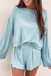 Sky Blue Long Sleeve Top & Shirred High Waist Shorts Set-Loungewear-MomFashion