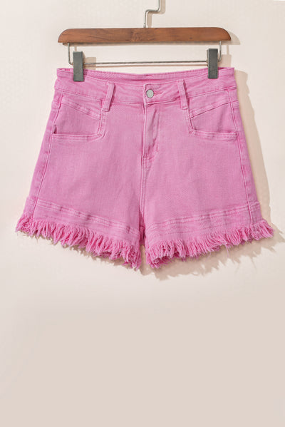 Pink Frayed Edge Mid Rise Denim Shorts-Bottoms-MomFashion