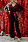 Fiery Red Velvet Pocketed Cut out Back Wide Leg Jumpsuit-Bottoms-MomFashion