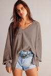 Coffee Waffle V Neck Long Sleeve Drop Shoulder Loose Blouse-Tops/Blouses & Shirts-MomFashion