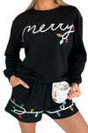 Black Sequin Merry Graphic Pullover and Shorts Outfit-Two Piece Sets/Short Sets-MomFashion