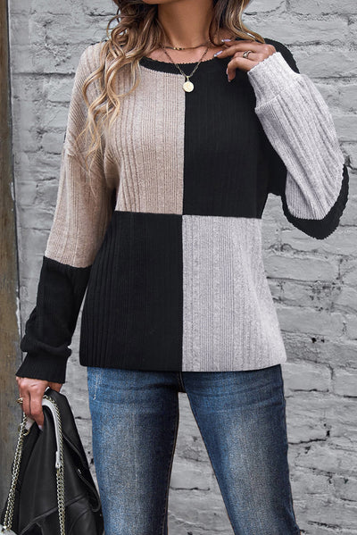 Black Colorblock Textured Knit Top-Tops-MomFashion