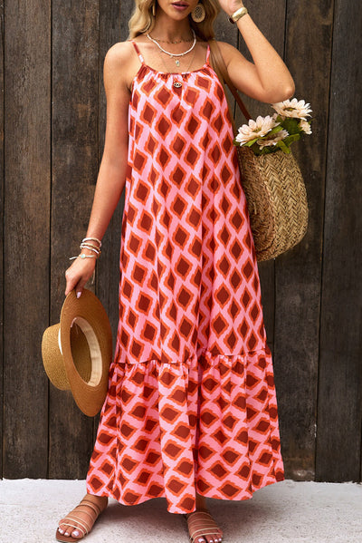 Fiery Red Geometric Print Loose Fit Sleeveless Maxi Dress-Dresses-MomFashion