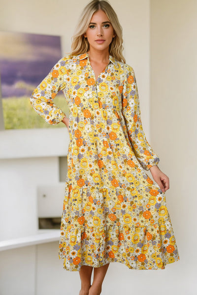 Yellow Boho Floral Collared Long Sleeve Ruffled Dress-Dresses-MomFashion