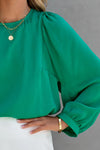 Green Satin Puff Long Sleeve Crewneck Blouse-Tops-MomFashion