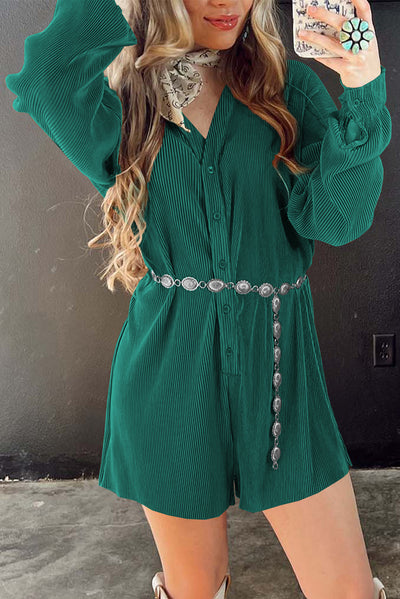 Sea Green Ribbed Long Sleeve Button Front Romper-Bottoms-MomFashion