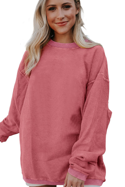 Strawberry Pink Ribbed Corded Oversized Sweatshirt-Tops-MomFashion