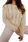 Khaki Eyelets Cable Knit Drop Shoulder Sweater-Tops-MomFashion