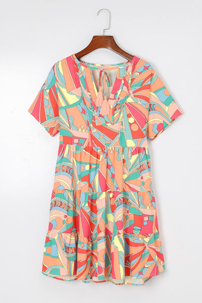 Multicolor Abstract Geometric Print Tassel Tie Flared Dress-Dresses-MomFashion