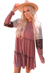 Pink Striped Leopard Patchwork Long Sleeve Mini Dress-Dresses-MomFashion