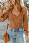 Brown U Neck Textured Long Sleeve Top-Tops-MomFashion