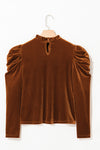 Chestnut Frilled Collar Puff Sleeve Velvet Top-Tops-MomFashion