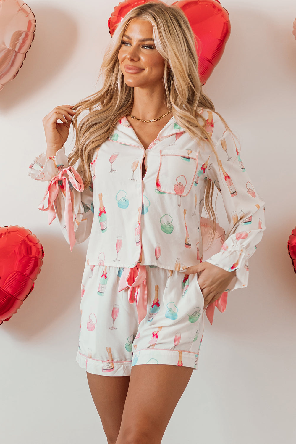 White Christmas Wine Glass Print Bow Knot Two Piece Pajama Set-Loungewear & Sleepwear/Sleepwear-MomFashion