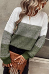 Pickle Green Color Block Drop Shoulder Ribbed Trim Sweater-Tops-MomFashion