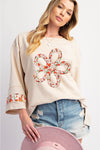 Beige Flower Patch Graphic Exposed Seam Wide Sleeve Top-Graphic/Graphic Long Sleeve Tees-MomFashion