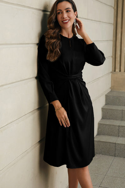 Black Twist Front Tie Back Long Sleeve Satin Dress-Dresses-MomFashion