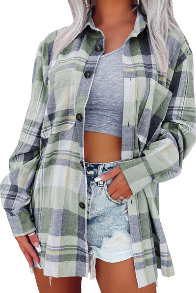 Green Plaid Button Up Patch Pocket Shirt-Tops-MomFashion