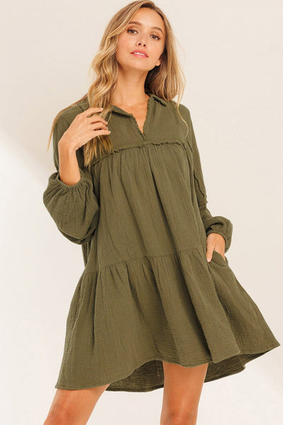 Green Frayed Trim Split Neck Puff Sleeve Flared Dress-Dresses-MomFashion