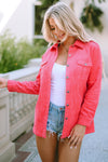 Pink Buttoned Flap Pocket Corduroy Jacket-Outerwear-MomFashion