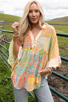 Multicolor Paisley Print Bell Sleeve Lace V-Neck Button Sheer Blouse-Tops-MomFashion