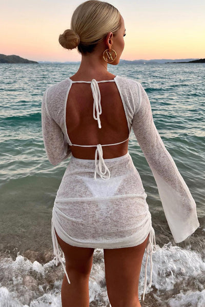 White Strappy Tie Back Cutout Sheer Knit Bell Sleeve Cover Up-Swimwear-MomFashion