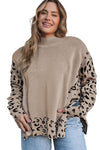 Khaki Plus Size Leopard Patchwork High Neck Sweater-Plus Size-MomFashion