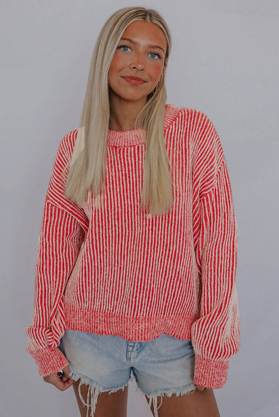 Striped Print Ribbed Trim Round Neck Sweater-Tops-MomFashion