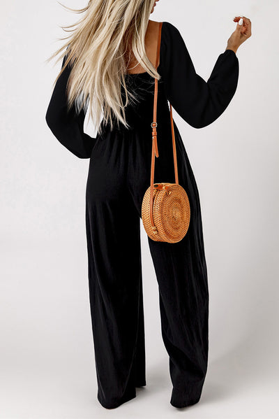 Black Smocked Square Neck Long Sleeve Wide Leg Jumpsuit-Bottoms-MomFashion