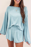 Sky Blue Long Sleeve Top & Shirred High Waist Shorts Set-Loungewear-MomFashion