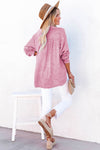 Pink Crinkle Textured Loose Henley Top-Tops-MomFashion