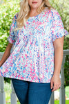 Purple Vibrant Botanical Print Frill Short Sleeve Plus Size Top-Plus Size-MomFashion