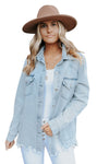 Sky Blue Flap Pocket Buttoned Raw Hem Denim Jacket-Outerwear-MomFashion