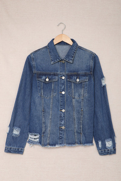 Blue Lapel Distressed Raw Hem Buttons Denim Jacket-Outerwear-MomFashion