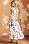 White Abstract Vein Print V Neck Ruffle Maxi Dress-Dresses-MomFashion