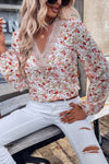 White Floral Long Sleeve Lace V-Neck Blouse-Tops-MomFashion