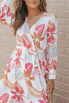 Tropical Plant Print Long Sleeve Wrap V-Neck Slit Maxi Dress-Dresses-MomFashion