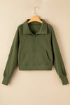 Green Zip Up Stand Collar Ribbed Thumbhole Sleeve Sweatshirt-Tops-MomFashion