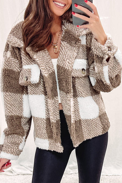 Khaki Plaid Sherpa Buttoned Flap Pocket Shacket-Outerwear-MomFashion