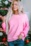 Pink Sequin Patchwork Long Sleeve Pullover Top-Tops-MomFashion