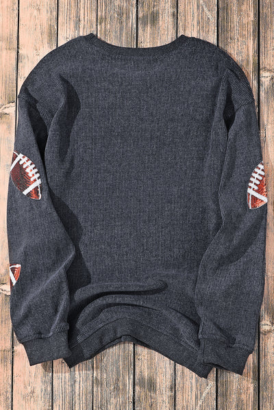 Gray Sequin Rugby Graphic Corded Baggy Sweatshirt-Graphic-MomFashion