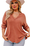 Gold Flame Plus Size Exposed Seam V Neck Long Sleeve Top-Plus Size-MomFashion