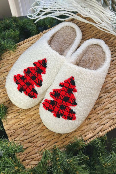 White Fuzzy Tree Pattern Christmas Fashion Home Slippers-Shoes & Bags-MomFashion