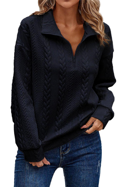 Navy Blue Zip up Cable Textured Sweatshirt-Tops-MomFashion